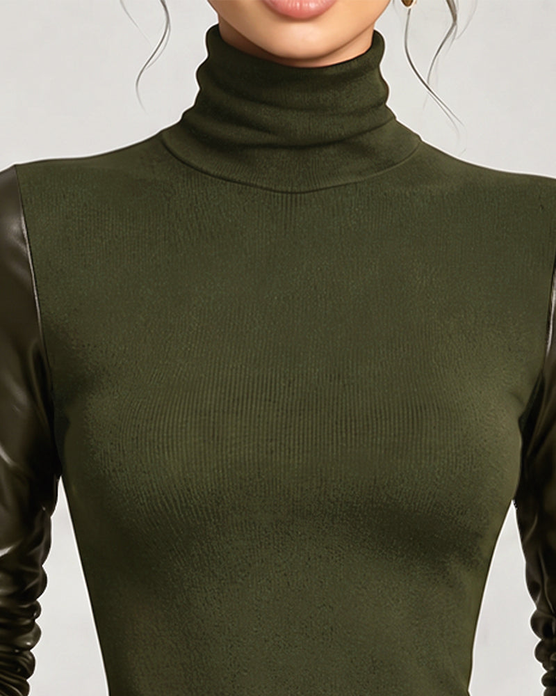 Turtleneck Patchwork Solid Top