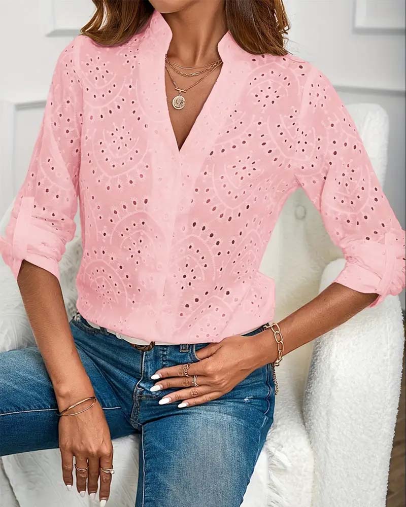 V-neck hollow solid color elegant top