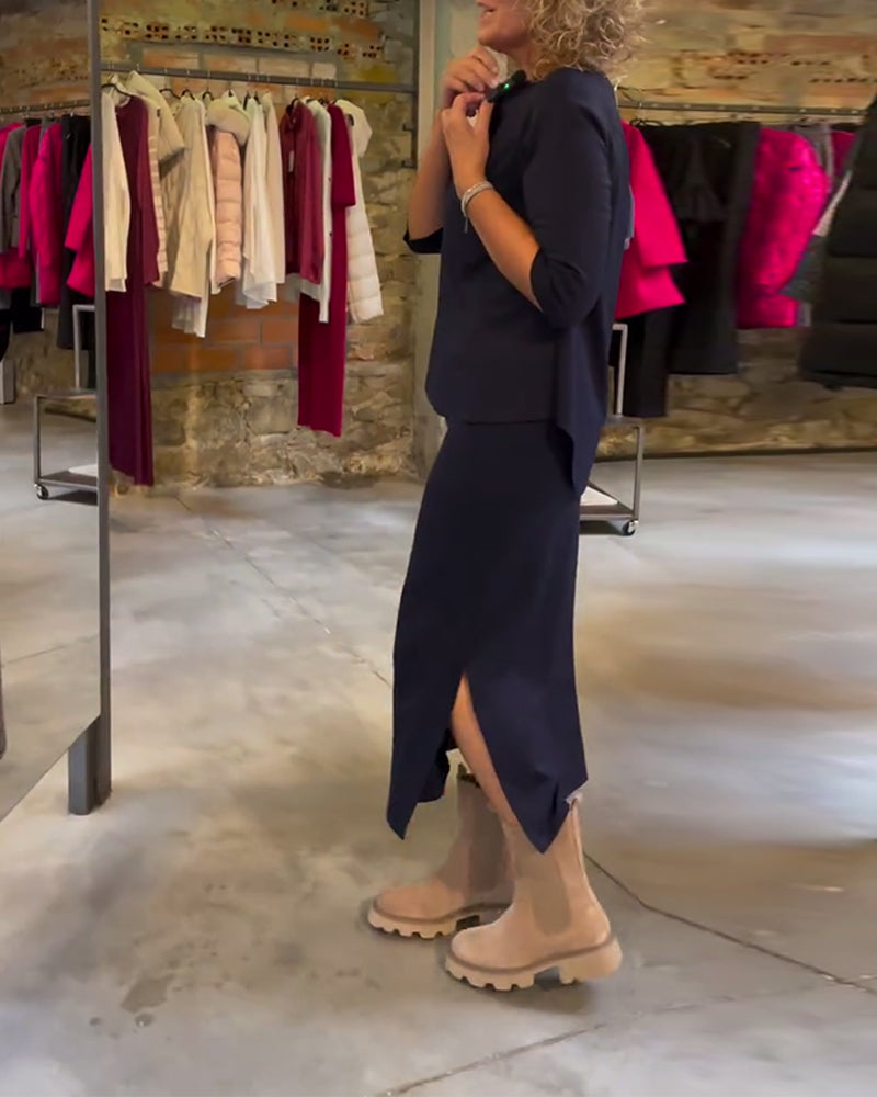 Round neck solid color simple skirt set