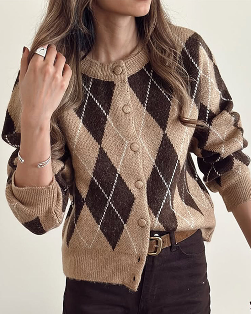 Retro Argyle Pattern Cardigan