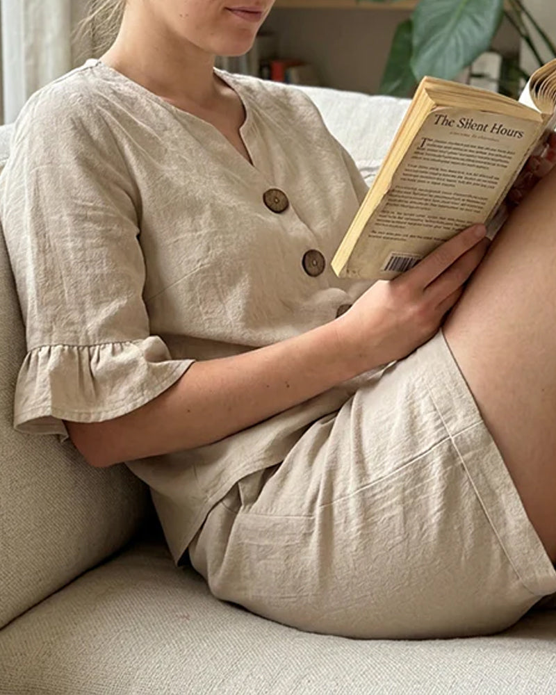 Ruffle Button Short Sleeve Shorts Set