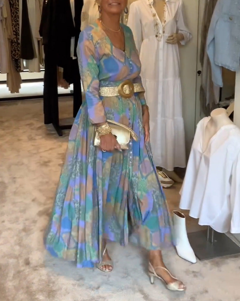 Vintage printed button slit long sleeve dress