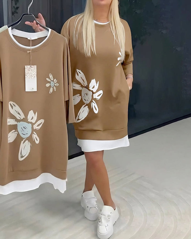Crew Neck Printed Patchwork Sweatshirt Dress