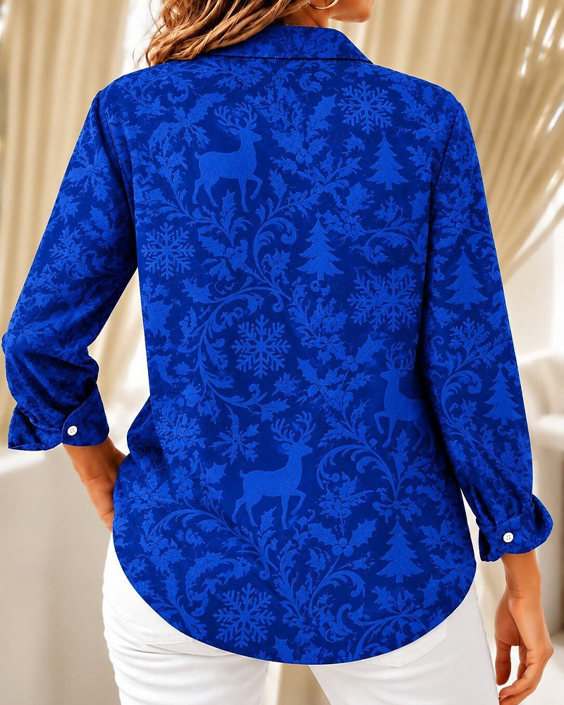 Christmas Elk Snowflake Print Lapel Shirt