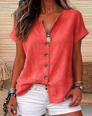 V-Neck Single-Breasted Short Sleeve Shirt