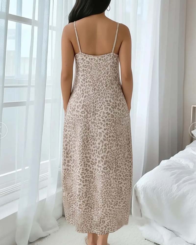 Spaghetti Strap Leopard Print Waist-Cinching A-Line Dress