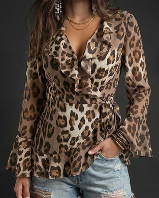 V-Neck Ruffle Leopard Blouse