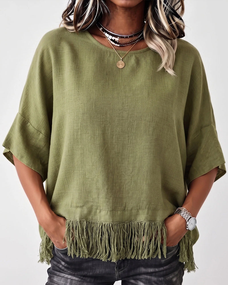 Crew Neck Fringe Elbow-Length Sleeve Solid Blouse