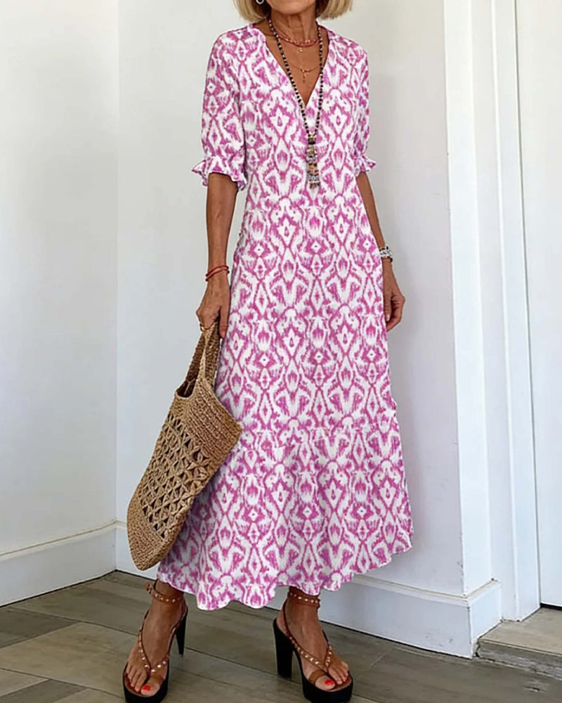 V-Neck Mid-Length Sleeve Ruffle A-Line Dress