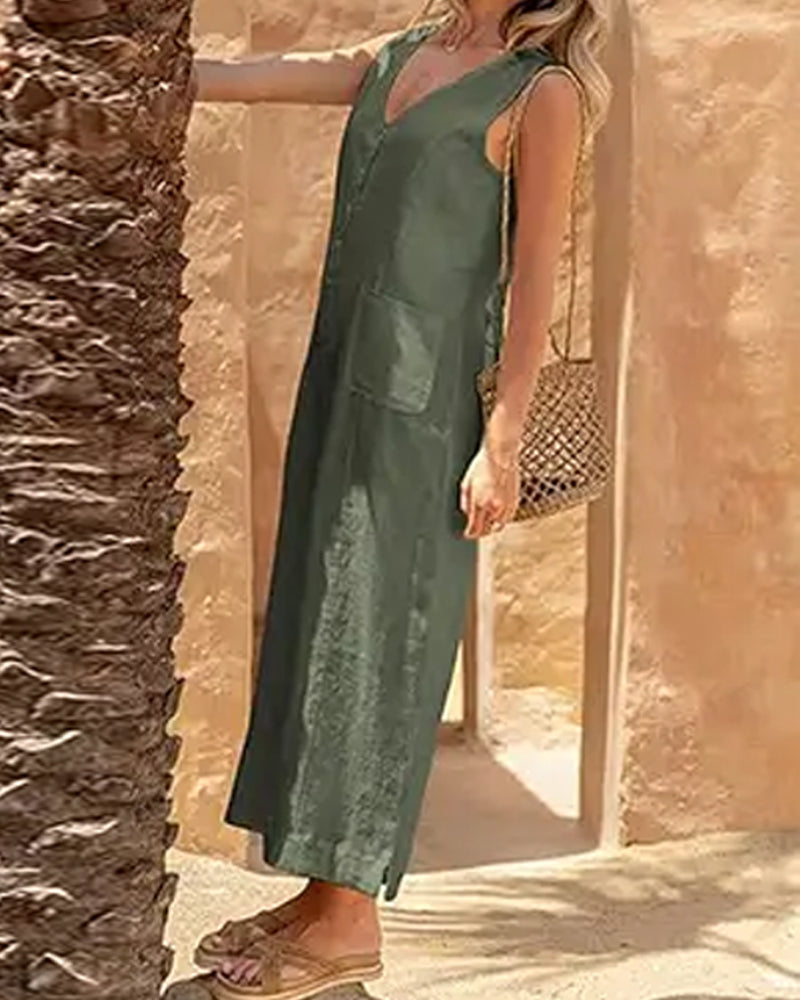 V-Neck Single-Breasted Sleeveless Jumpsuit