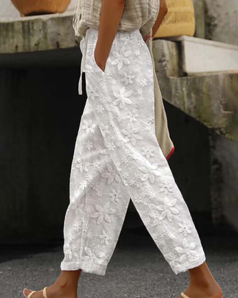 Floral embroidered lace-up solid color casual pants