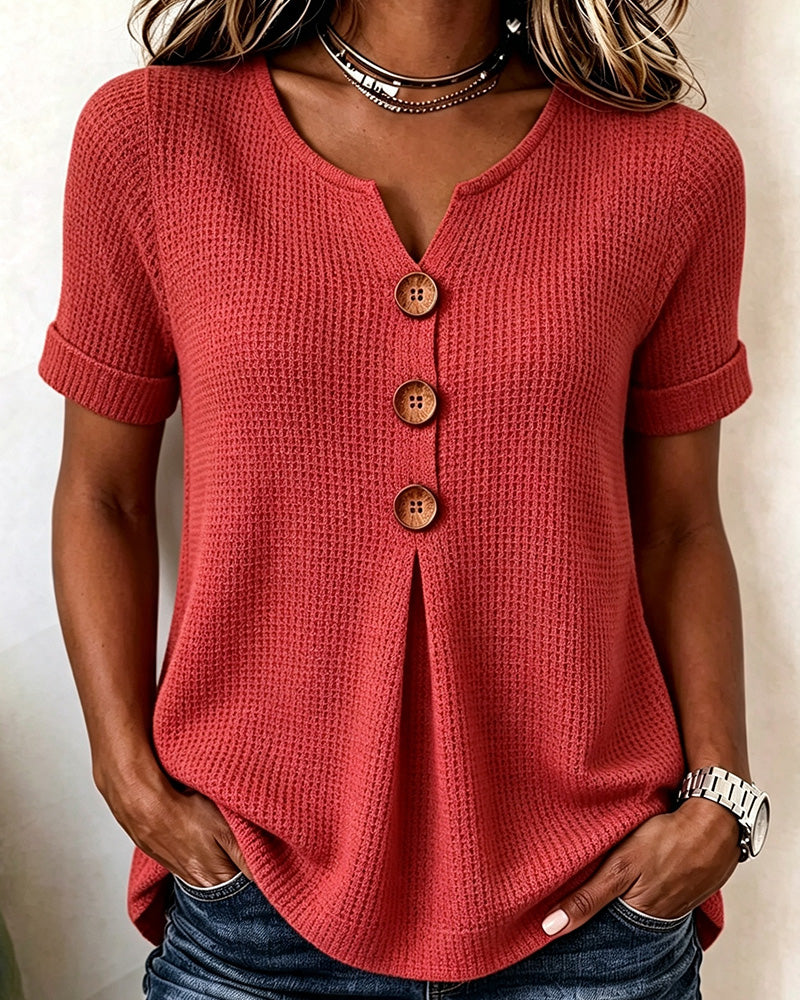 Small V-Neck Waffle Solid T-Shirt