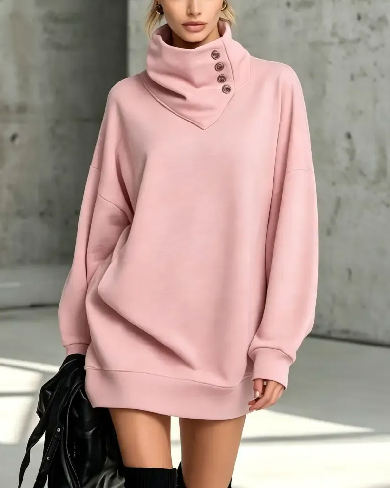 Turtleneck Diagonal Button Loose Fit Dress