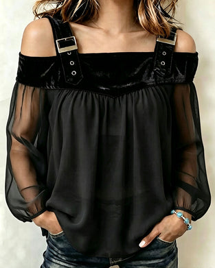 Velvet Panel Stylish Cold Shoulder Blouse