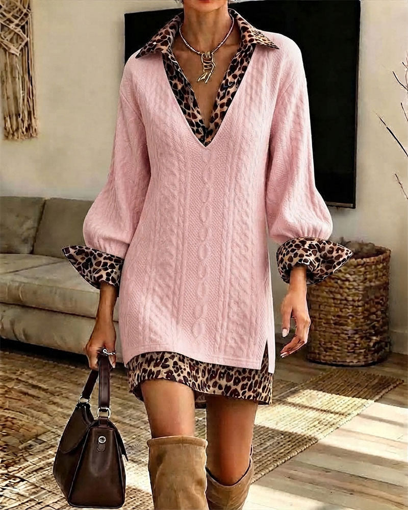Lapel Leopard Fashion Slit Dress