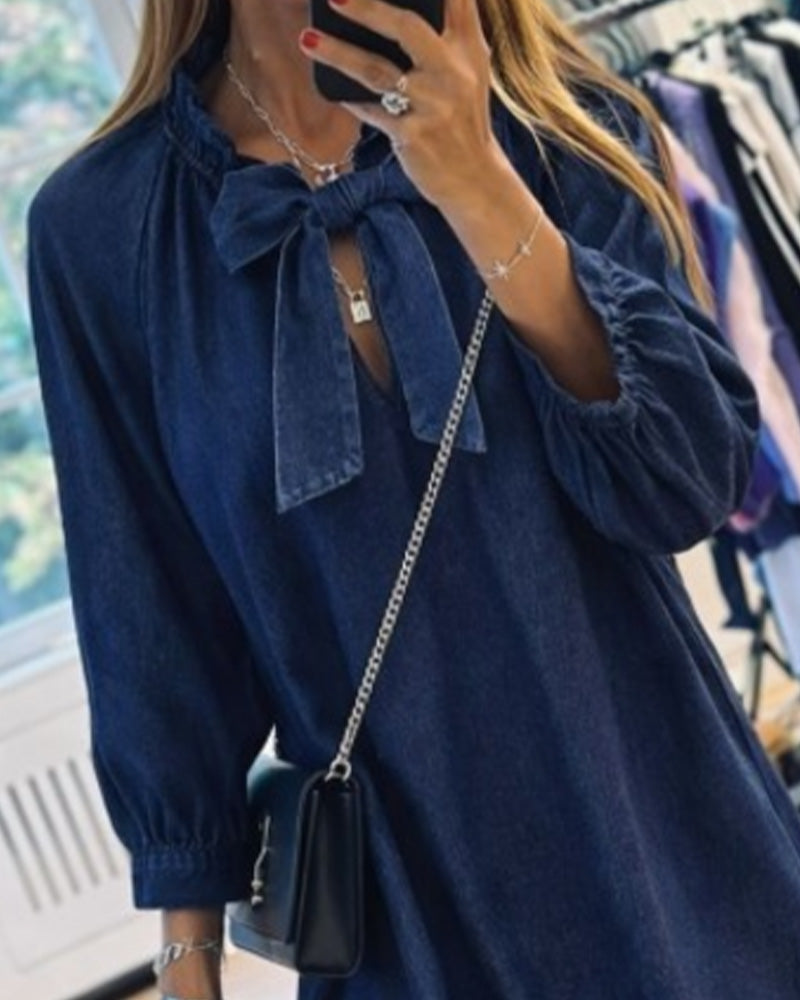 Denim Bow-Tie Three-Quarter Sleeve Dress
