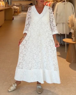 V-neck Hollow Lace Flower Loose Dress