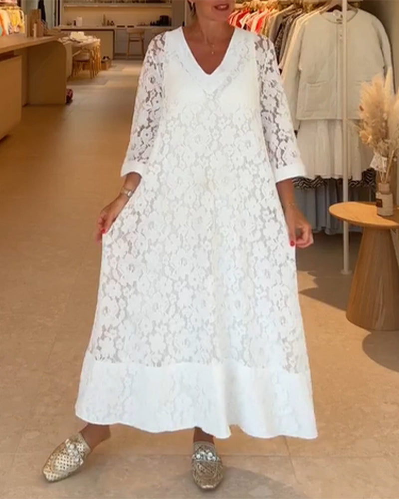V-neck Hollow Lace Flower Loose Dress