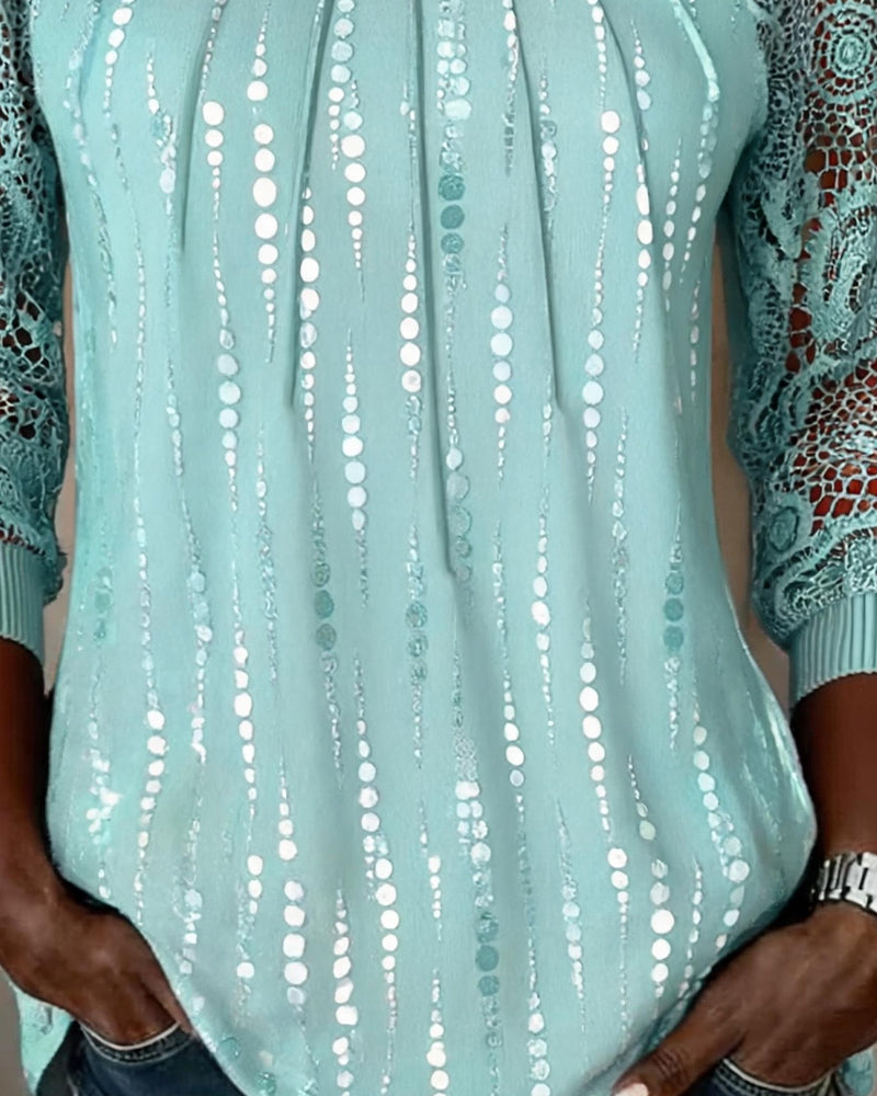 Round Neck Shirred Lace Polka Dot Top