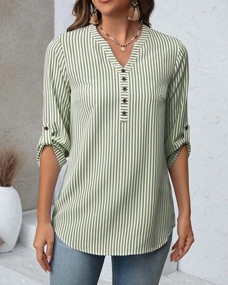 V-Neck Striped Button-Down Loose Blouse