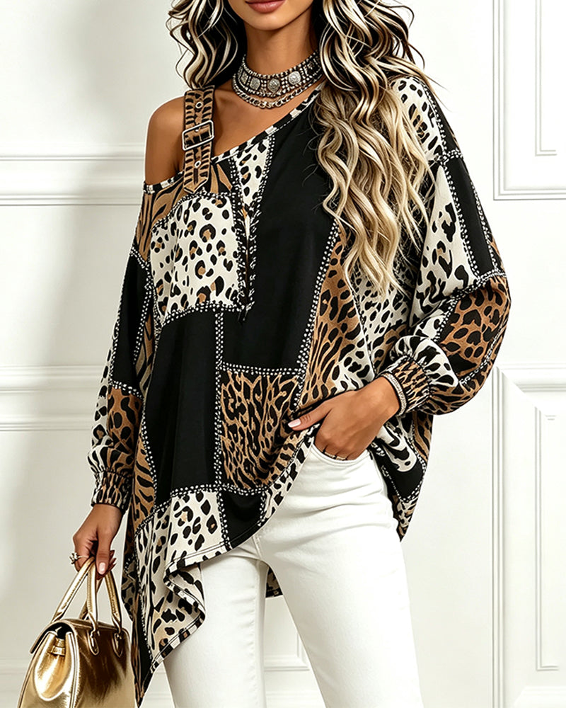 Leopard Print Patchwork Asymmetric Neck Long Sleeve Blouse