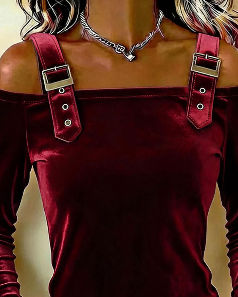 Velvet Off-Shoulder Long Sleeve Top