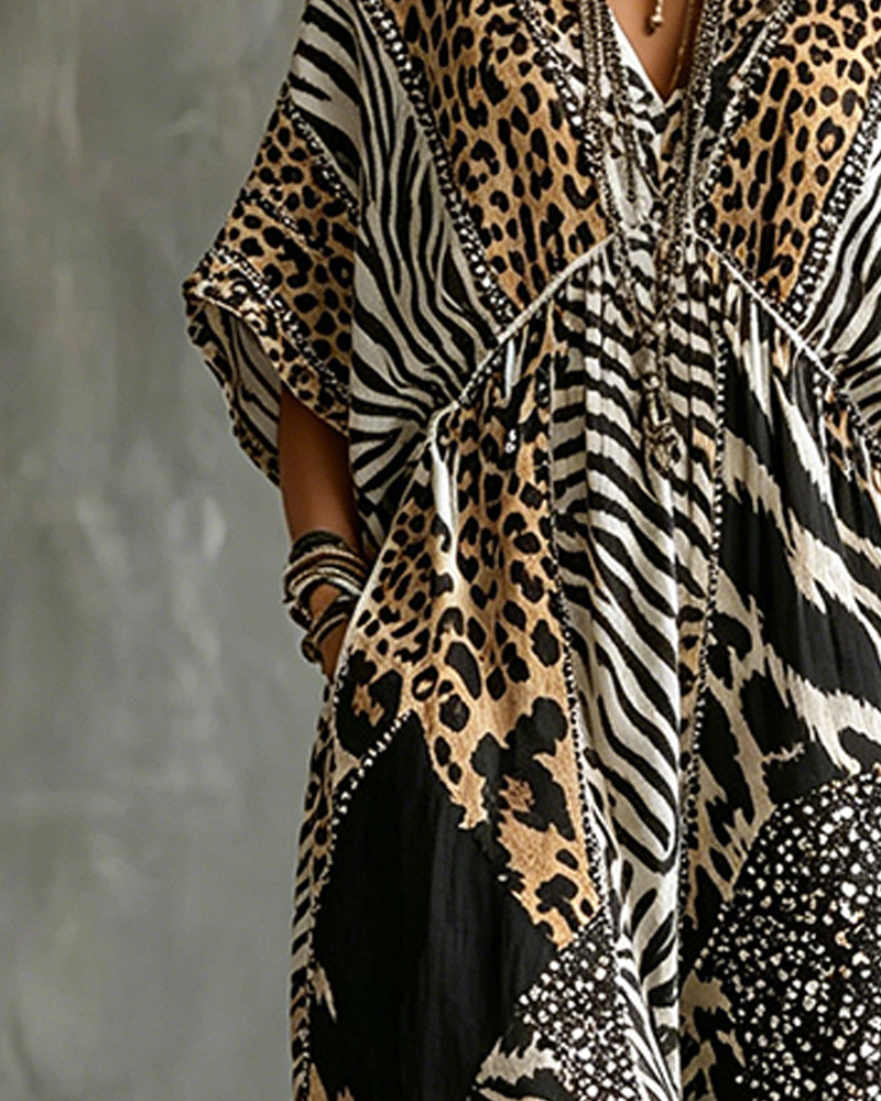 V-Neck Leopard Print Bat Sleeve Dress