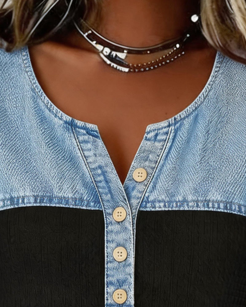 Denim Patchwork Short Sleeve Blouse
