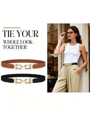 Women Stretchy Waist Belt Retro Elastic Skinny Belt for Ladies with Gold Buckle