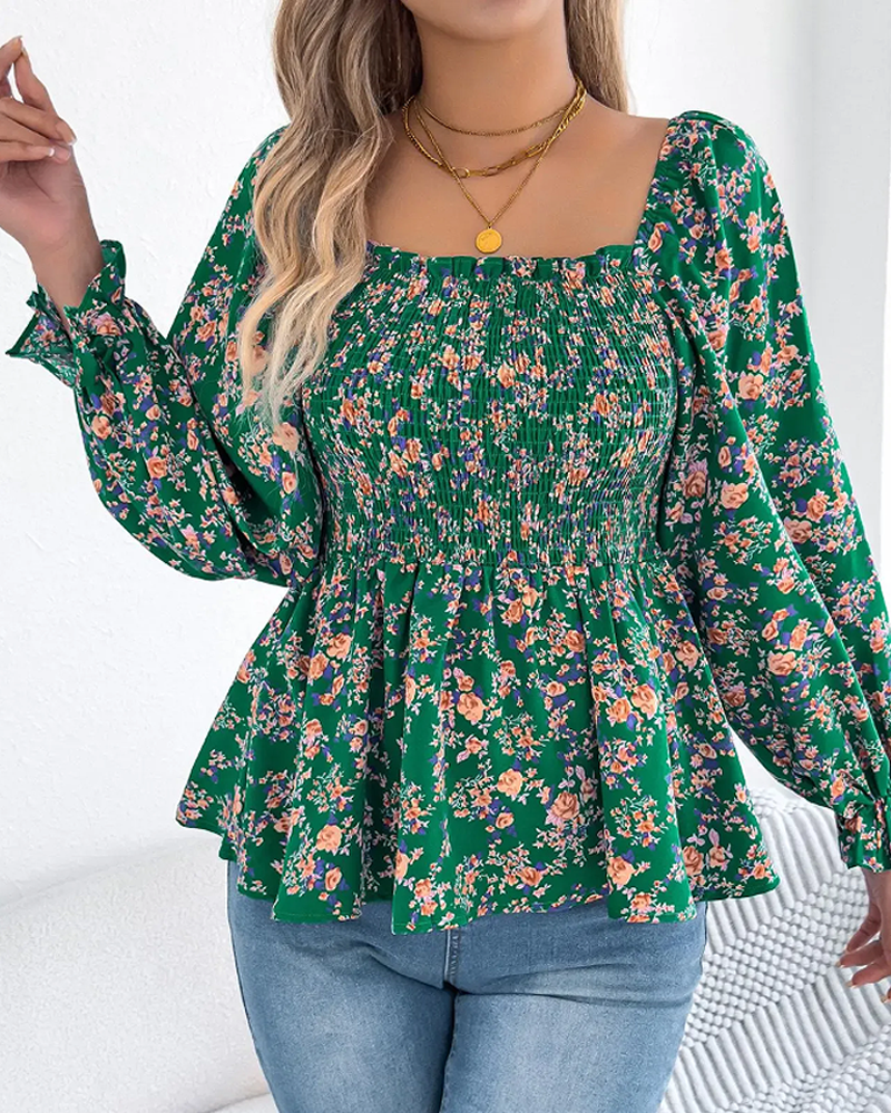 Square Neck Smocked Floral Ruffle Blouse