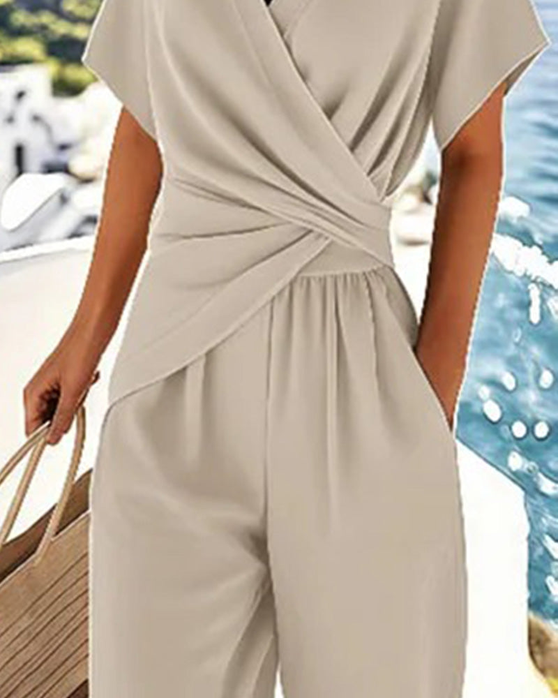 Solid Color Cross-Waist Design Two-Piece Set