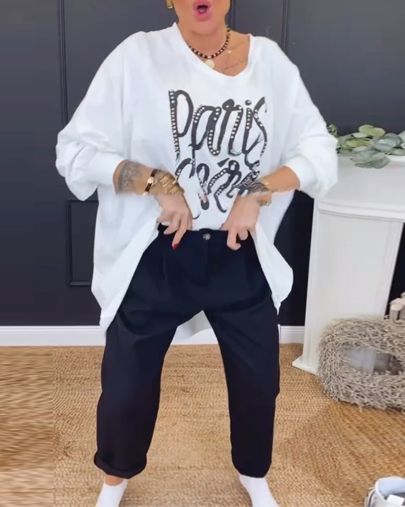 Round Neck Irregular Letter Print Top