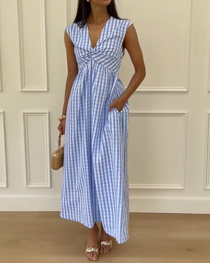 V-Neck Twisted Plaid Maxi Dress