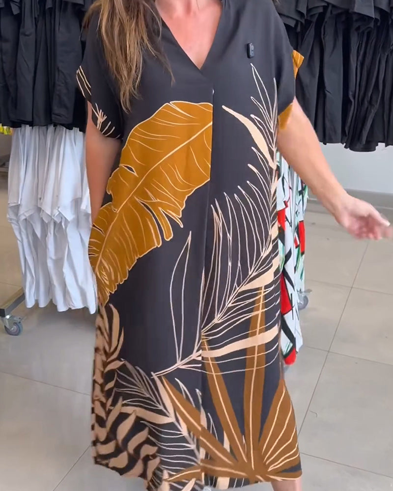 V-Neck Large Leaf Print Loose Dress