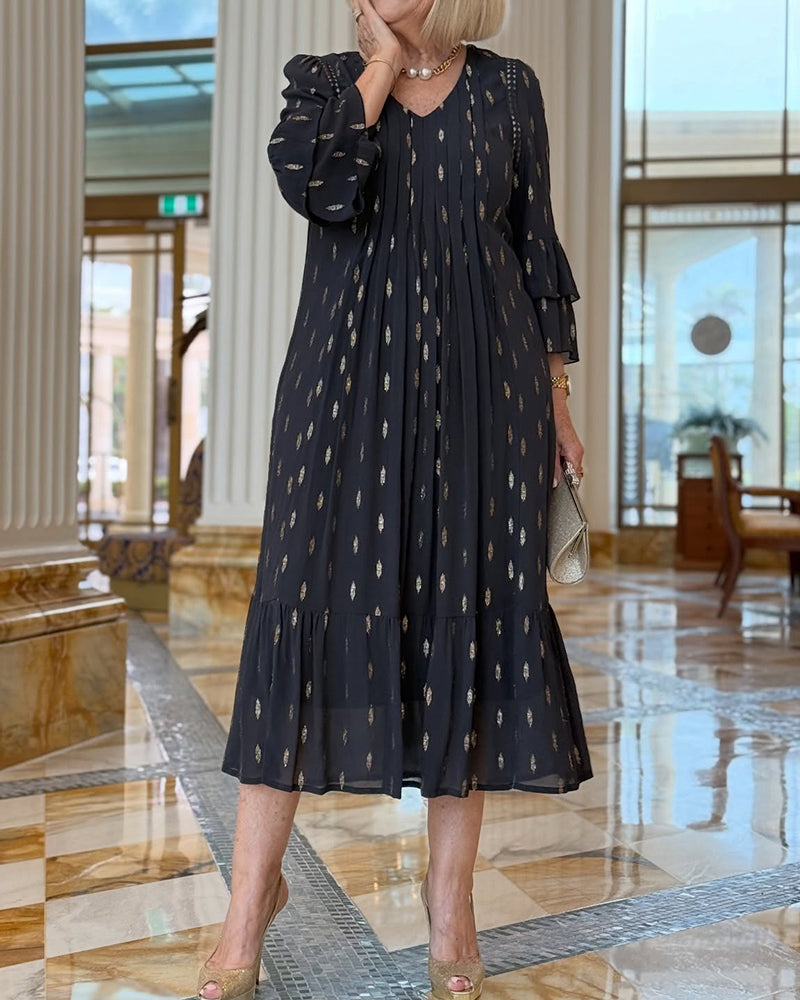 Lantern Sleeve V-Neck Print Dress