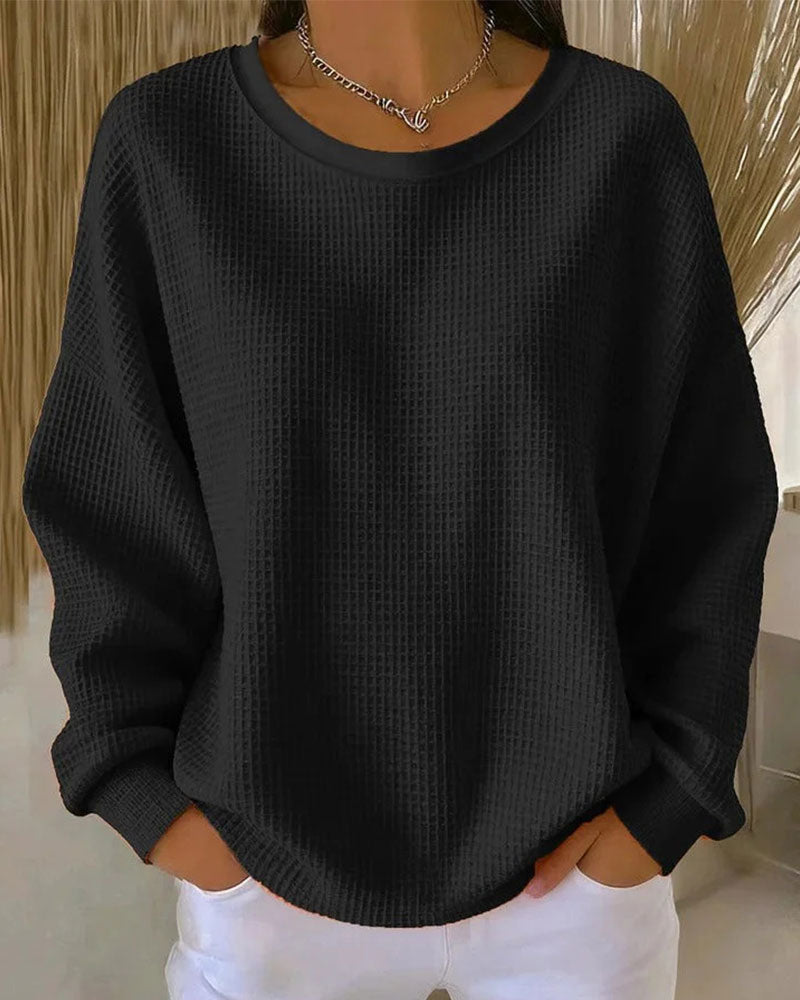 Solid Color Waffle Texture Pullover Sweatshirt