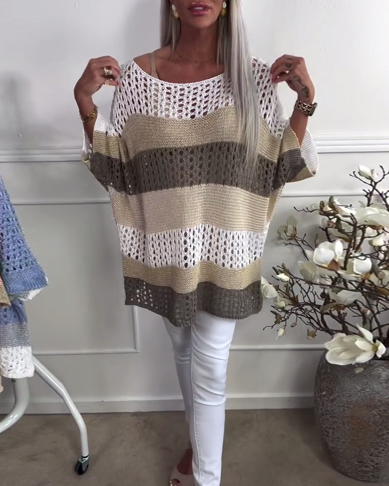 Casual color block hollow long sleeve pullover