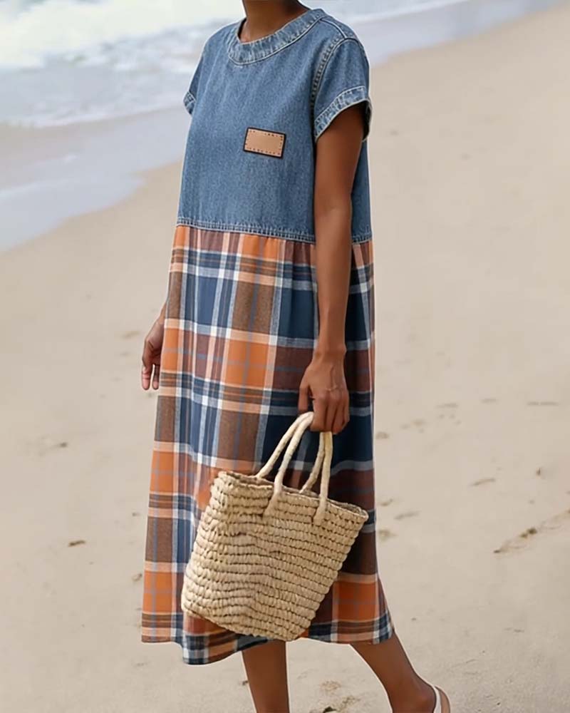 Denim Patchwork Plaid Casual Dress