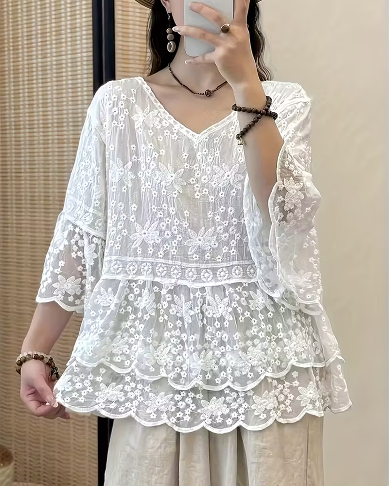 Short Sleeve Lace Trim Blouse