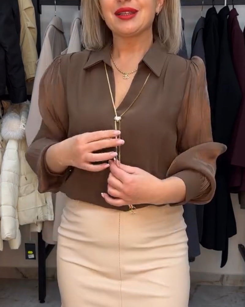 Elegant Collared Sheer Puff Sleeve Blouse