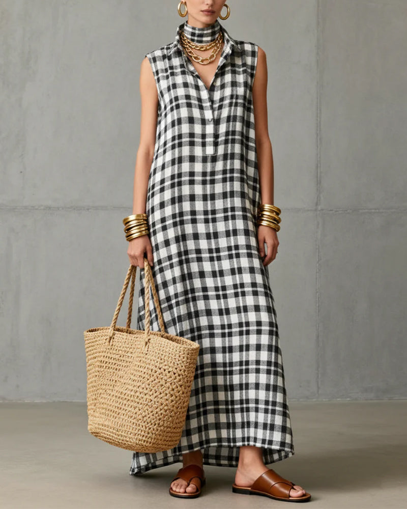 Sleeveless Buttoned Plaid Dress