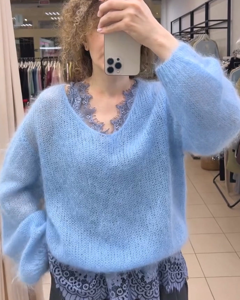 V-Neck Solid Patchwork Pullover