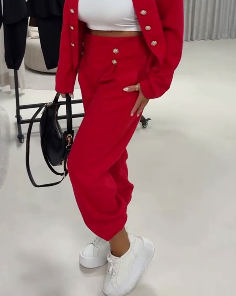 Solid Color High Waist Casual Button Pants