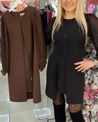 Faux Two-Piece Fashionable Round Neck Dress