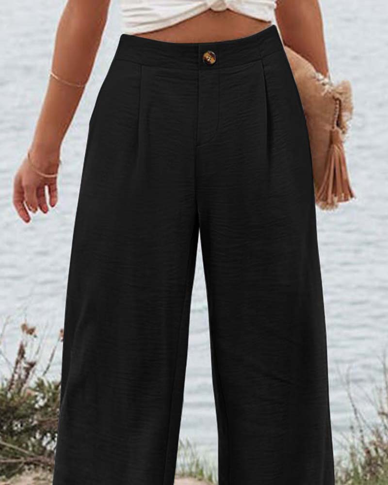 Button Elastic Waist Wide-Leg Pants