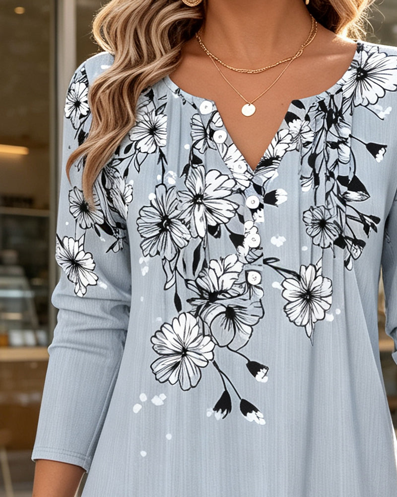 Mini V-Neck Floral Print Blouse