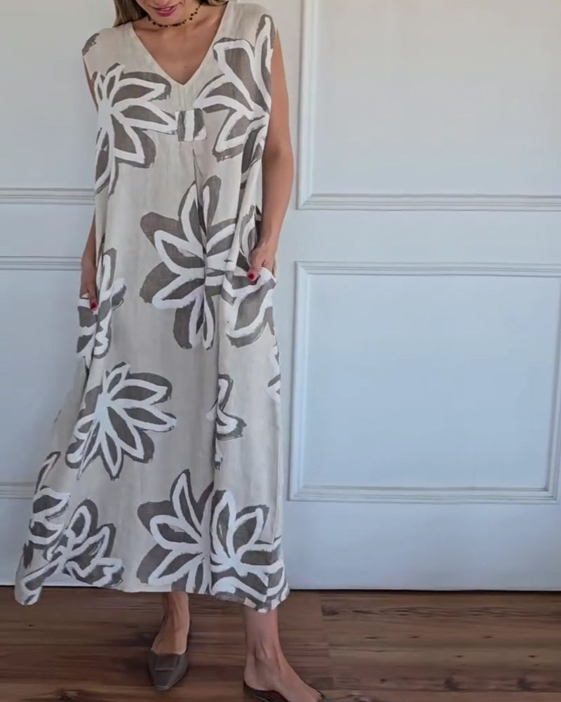 V-neck Abstract Floral Sleeveless Dress