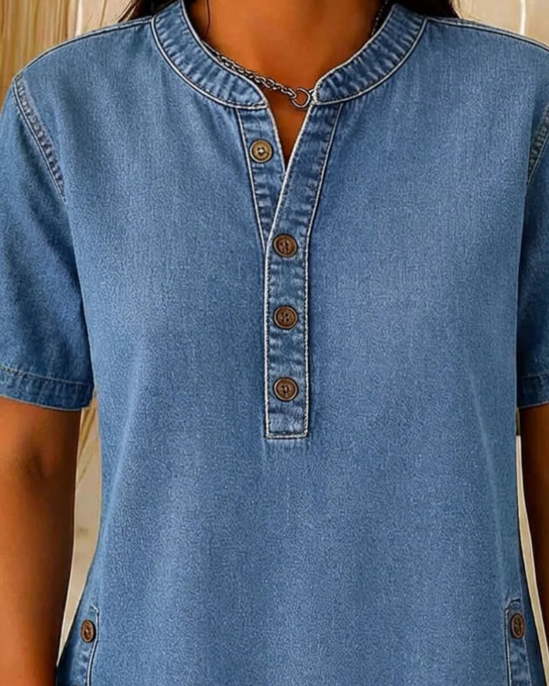 Button-Front Denim Short Sleeve Top