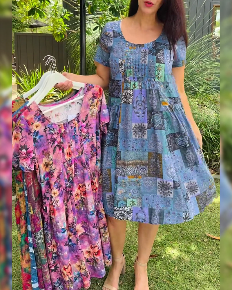 Round Neck Pleated Printed A-Line Dress