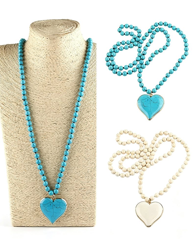 Women's Boho Vintage Turquoise Heart Beaded Pendant Necklace